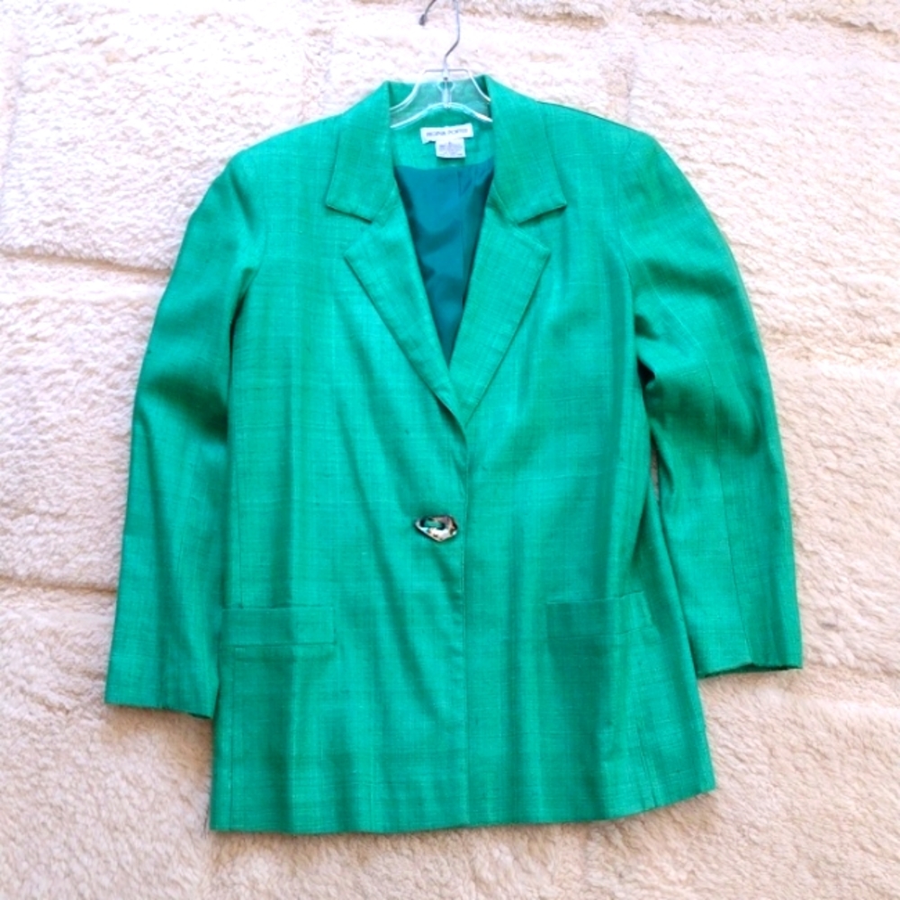 REGINA PORTER Bright Green Blazer 100% Silk Suit Jacket with Pockets